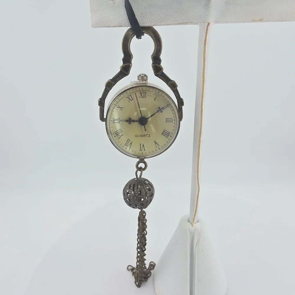 Vintage Pocket Watch Tassle Pendent Filligree Cage Sphere Bronze 4